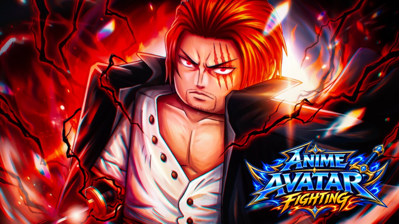 Arte clave de Anime Avatar Fighting: un avatar espadachín de cabello rojo con el logo oficial