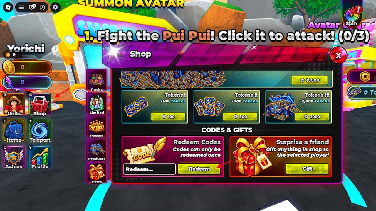 Shop de Anime Avatar Fighting con la caja Redeem Codes, la pestaña Extra y el HUD izquierdo
